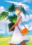  1girl absurdres bag blue_hair blush carrying closed_mouth cloud commentary_request day dress english_commentary highres inami_hatoko landscape lone_nape_hair mixed-language_commentary mountainous_horizon orange_eyes original outdoors plant potted_plant power_lines shoulder_bag side_ponytail sidelocks sky sleeveless sleeveless_dress solo sundress transmission_tower utility_pole walking white_dress 