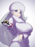  1girl absurdres blonde_hair blue_eyes breasts earrings fur_collar fur_hat hat highres jewelry large_breasts long_hair long_sleeves lox_(orchis_lox) mature_female melony_(pokemon) multicolored_hair pearl_earrings pokemon pokemon_swsh ring solo streaked_hair sweater upper_body ushanka wedding_ring white_headwear white_sweater 