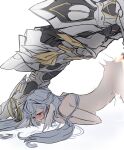  1girl 1other :d armor black_eyes blue_hair blush breastplate choikfu completely_nude from_side halo head_wings helmet highres honkai:_star_rail honkai_(series) implied_fingering looking_to_the_side nose_blush nude open_mouth out_of_frame pauldrons robin_(honkai:_star_rail) sam_(honkai:_star_rail) shoulder_armor sideways_glance simple_background smile white_background wings 