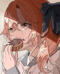  1girl absurdres aqua_sailor_collar blue_bow bow chocolate commentary_request crying eating food food_in_mouth food_on_face furrowed_brow grey_background hair_bow hands_up highres holding holding_food long_hair natsugu72 neckerchief open_mouth orange_eyes orange_hair original portrait sailor_collar school_uniform serafuku shade side_ponytail solo sparkle streaming_tears tears teeth valentine white_neckerchief 