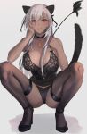  1girl animal_ears ass black_choker black_footwear black_panties black_thighhighs breasts cat_ears cat_tail choker cleavage dark-skinned_female dark_skin fake_animal_ears full_body grey_hair high_heels highres kantai_collection kasumi_(skchkko) large_breasts lingerie long_hair looking_at_viewer musashi_(kancolle) open_mouth panties red_eyes solo squatting tail thighhighs underwear 