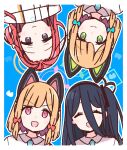  4girls animal_ear_headphones animal_ears aris_(blue_archive) black_eyes black_hair blonde_hair blue_archive border bow cat_ear_headphones circle_formation closed_mouth commentary_request dot_nose facing_viewer fake_animal_ears game_development_department_(blue_archive) green_eyes hair_between_eyes hair_bow halo headphones long_bangs looking_at_viewer midori_(blue_archive) momoi_(blue_archive) multiple_girls open_mouth pink_eyes portrait red_hair siblings sisters twins upside-down white_border yoru_nai yuzu_(blue_archive) 