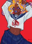  1girl alternate_costume arms_up blue_sailor_collar blue_skirt bright_pupils colored_tongue crop_top cropped_shirt dark-skinned_female dark_skin highres lewa_nn long_sleeves looking_at_viewer midriff multicolored_hair navel open_mouth orange_hair pleated_skirt purple_eyes purple_tongue red_background red_ribbon ribbon sailor_collar shirt simple_background skirt smile solo splatoon_(series) splatoon_3 tao_blu_(splatoon) twitter_username white_pupils white_shirt 