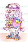  1girl black_shirt blue_eyes blue_footwear chewing_gum co_ma_tsu_na full_body goggles goggles_on_head hand_in_pocket harmony_(splatoon) highres holding holding_phone hood hooded_jacket jacket phone print_shirt shadow shirt shoes solo splatoon_(series) splatoon_3 standing 