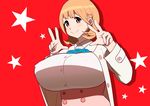  1girl blonde_hair breasts collared_shirt double_v erect_nipples hairclip highres huge_breasts long_sleeves looking_at_viewer narusawa_ryouka occultic;nine puffy_nipples red_background short_hair simple_background solo standing stars tetrodotoxin upper_body v yellow_eyes 
