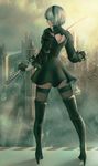  back_cutout black_dress black_footwear black_gloves black_legwear blindfold boots covered_eyes dress fingerless_gloves full_body gloves headband heart_cutout high_heels highres holding holding_sword holding_weapon long_sleeves nier_(series) nier_automata outdoors profile quest_(artist) short_hair silver_hair solo sword thigh_boots thighhighs thighhighs_under_boots weapon yorha_no._2_type_b zettai_ryouiki 