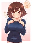  1girl :o ? black_shirt blush breasts brown_hair collarbone gradient_background hands_on_own_chest highres honda_mio idolmaster idolmaster_cinderella_girls large_breasts long_sleeves looking_at_viewer no_pants shirt solo spoken_question_mark tong_(freedom2000) translation_request 