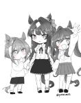  3girls aged_down animal_ears ankle_socks arm_up bow bright_pupils cheval_grand_(umamusume) commentary ear_bow finger_to_mouth greyscale hair_between_eyes hair_intakes highres holding_hands horse_ears horse_girl horse_tail long_hair monochrome multicolored_hair multiple_girls neck_ribbon poteo_(poteo_mot) ribbon short_hair siblings sisters sketch socks spot_color streaked_hair tail thighhighs twintails twitter_username umamusume v_sisters verxina_(umamusume) very_long_hair vivlos_(umamusume) waving 