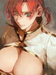  bangs boudica_(fate/grand_order) breasts cleavage closed_mouth fate/grand_order fate_(series) green_eyes hair_between_eyes juliet_sleeves large_breasts long_sleeves looking_at_viewer nfj o-ring o-ring_top parted_bangs puffy_sleeves red_hair short_hair shrug_(clothing) solo tied_hair upper_body 