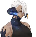  1boy au_ra bare_shoulders black_sclera black_shirt blue_eyes blue_sclera closed_mouth colored_sclera final_fantasy final_fantasy_xiv gg_dal half-closed_eyes horn_cover horns looking_down male_focus monster_boy scales shirt short_hair simple_background solo upper_body warrior_of_light_(ff14) white_background white_hair 