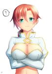  ? artist_name bangs boudica_(fate/grand_order) bra breasts cleavage closed_mouth commentary_request crossed_arms eyebrows_visible_through_hair fate/grand_order fate_(series) green_eyes hair_between_eyes highres juliet_sleeves kyu_(wein-seria) large_breasts light_smile long_sleeves looking_at_viewer parted_bangs puffy_sleeves red_hair short_hair shrug_(clothing) signature simple_background smile solo spoken_question_mark underwear upper_body white_background white_bra 