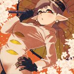  1girl black_gloves breasts coat earrings food food_on_head gloves grey_coat grey_hair hand_on_own_hip highres holding holding_umbrella hoop_earrings inkling jewelry long_sleeves marie_(splatoon) mimimimiguchan mole mole_under_eye object_on_head pointy_ears short_ponytail solo splatoon_(series) splatoon_3 sushi swept_bangs tentacle_hair thick_eyebrows umbrella yellow_eyes 