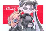  1boy 1girl black_bow black_bowtie black_dress black_jacket bow bowtie closed_eyes co_ma_tsu_na collared_shirt dress frilled_dress frills highres jacket jessika_(splatoon) long_hair long_sleeves martin_(splatoon) outline own_hands_together pointy_ears red_background shirt splatoon_(series) splatoon_3 suction_cups tentacle_hair twintails upper_body white_outline white_shirt 
