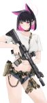  1girl absurdres animal_ears ar-15 bcm_mcmr black_choker black_hair black_panties blue_archive blue_shorts blush breasts cat_ears choker closed_mouth collarbone colored_inner_hair fte_(fifteen_199) gloves grey_background gun hair_ornament hairclip highres holding holding_gun holding_weapon kazusa_(blue_archive) large_breasts looking_at_viewer multicolored_hair panties pink_hair red_eyes rifle shirt short_hair short_shorts short_sleeves shorts simple_background solo underwear unworn_gloves weapon white_shirt 