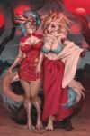 anthro asian_mythology big_breasts breasts canid canine claws cleavage clothed clothing dragon duo eastern_dragon female fur furred_dragon hair hi_res honovy horn looking_at_viewer mammal mythological_creature mythological_scalie mythology scalie scuted_arms scuted_legs scutes tail toe_claws