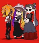  3girls black_dress black_footwear black_necktie black_pants blonde_hair closed_eyes collared_shirt dark-skinned_female dark_skin domino_mask dress gloves grey_eyes grey_gloves grey_hair grey_headwear hair_over_one_eye highres jessika_(splatoon) long_hair long_sleeves looking_at_viewer mask multicolored_hair multiple_girls necktie off_shoulder open_mouth orange_hair pants pointy_ears purple_eyes purple_hair red_background shirt shirt_tucked_in shoes simple_background smile splatoon_(series) splatoon_3 standing tao_blu_(splatoon) tkhrskrrmy white_shirt yoko_(splatoon) 