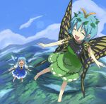  2girls antennae aqua_hair barefoot blue_bow blue_dress blue_hair blush bow breasts butterfly_wings cirno closed_eyes day detached_wings dress eternity_larva fairy flower flying green_dress gurina_15 hair_bow highres ice ice_wings insect_wings leaf leaf_on_head morning_glory multicolored_clothes multicolored_dress multiple_girls open_mouth outdoors pink_flower puffy_short_sleeves puffy_sleeves shirt short_hair short_sleeves small_breasts smile sunflower tan tanned_cirno touhou white_shirt wings yellow_flower 