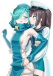  2girls absurdres armpits blue_eyes blue_gloves blue_hair blue_hood blue_scarf blush breasts brown_hair center_opening dot_nose elbow_gloves feet_out_of_frame gloves grey_eyes groin groping hair_between_eyes hair_over_one_eye hands_on_another&#039;s_hips hat highres holding_another&#039;s_wrist jacket leberblume loco_musica long_bangs looking_at_another looking_back mahou_shoujo_ni_akogarete military_hat mohe_er~ multicolored_hair multiple_girls nail_polish no_panties open_mouth pleated_skirt sailor_collar scarf school_uniform sharp_teeth short_twintails sideboob sideless_dress sideless_outfit simple_background skirt small_breasts star_tattoo streaked_hair tattoo teeth twintails white_jacket yuri 