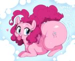 &lt;3 big_butt blep blue_eyes blush butt daredemon7000 earth_pony english_text equid equine female feral friendship_is_magic hair hasbro hi_res horse huge_butt mammal my_little_pony onomatopoeia pink_body pink_hair pinkie_pie_(mlp) pony smile solo sound_effects text tongue tongue_out