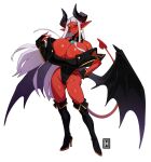 2024 2_horns absurd_res anthro artist_logo big_breasts big_wings biped breasts cleavage cleavage_overflow clothed clothing demon female footwear hair hi_res high_boots high_heels horn horned_humanoid humanoid humanoid_pointy_ears logo long_hair looking_at_viewer lyla_(thehelmetguy) membrane_(anatomy) membranous_wings red_body signature simple_background skimpy solo tail thehelmetguy white_background white_hair winged_humanoid wings
