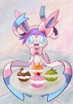  :d blue_eyes cupcake food highres looking_at_viewer no_humans pokemon pokemon_xy purple_bandana smile solo sylveon sylveon54972 