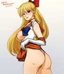  1girl aino_minako areolae artist_name ass bishoujo_senshi_sailor_moon blonde_hair blue_eyes bow breasts elbow_gloves gloves hair_bow lipstick long_hair looking_at_viewer mina_cream nipples panties sailor_venus sideboob skirt skirt_lift smile solo underwear white_background 