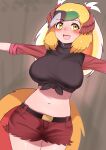  1girl absurdres belt bird_girl bird_tail bird_wings black_hair black_shirt blonde_hair blush bow breasts crop_top greater_bird-of-paradise_(kemono_friends) green_hair head_wings highres kemono_friends kemono_friends_3 large_breasts long_hair looking_at_viewer midriff multicolored_hair navel open_mouth red_shirt red_skirt sani shirt skirt solo sweat tail wings yellow_eyes 