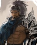  1boy abs absurdres aged_up armor bara bare_pectorals beard black_hair dark-skinned_male dark_skin dopey_(dopq) facial_hair full_beard gradient_hair grey_hair highres large_pectorals league_of_legends long_hair looking_to_the_side male_focus mature_male multicolored_hair muscular muscular_male navel nipples pauldrons pectorals scar scar_on_face scar_on_nose shoulder_armor single_pauldron smile solo stomach thick_eyebrows unfinished upper_body yasuo_(league_of_legends) 