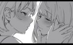  2girls atenaba blush closed_eyes greyscale hand_on_another&#039;s_face highres imminent_kiss letterboxed looking_at_another monochrome multiple_girls original parted_lips portrait yuri 