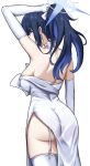  1girl arm_up ass backless_dress backless_outfit bare_back bare_shoulders blue_archive blue_eyes blue_hair breasts commentary cowboy_shot dress earrings elbow_gloves fangs_(fangs_art) from_behind garter_straps gloves hair_ribbon highres jewelry large_breasts long_hair looking_at_viewer looking_back ponytail ribbon saori_(blue_archive) side_slit simple_background solo standing strapless strapless_dress thighhighs thighs underbutt white_background white_dress white_gloves white_ribbon white_thighhighs 