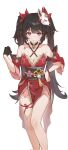  1girl :3 bare_shoulders bell black_choker black_gloves bow breasts brown_hair choker cleavage closed_mouth collarbone criss-cross_halter dress feet_out_of_frame fox_mask gloves hair_bow halterneck hand_on_own_hip hand_up highres honkai:_star_rail honkai_(series) large_breasts long_hair looking_at_viewer mask mask_on_head neck_bell o-ring pelvic_curtain pink_eyes red_bow red_dress ricky_rainier side_slit sidelocks simple_background single_glove sleeveless sleeveless_dress smile solo sparkle_(honkai:_star_rail) twintails white_background 