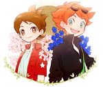  amano_keita blue_eyes blue_flower blue_rose brown_eyes brown_hair cherry_blossoms eyewear_on_head flower freckles jewelry mac_(youkai_watch) male_focus multiple_boys necklace open_clothes open_shirt poko_(ame) popped_collar red_hair rose shirt simple_background smile sunglasses white_background youkai_watch 