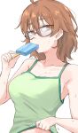  1girl ahoge araki_hina bare_shoulders breasts camisole camisole_lift collarbone eating food glasses green_camisole highres holding holding_food holding_ice_cream ice_cream ice_cream_bar idolmaster idolmaster_cinderella_girls lifted_by_self looking_at_viewer medium_breasts orange_hair simple_background solo sweat unu_(unucence) upper_body white_background 