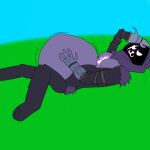 anthro bear belly big_belly breasts digital_drawing_(artwork) digital_media_(artwork) endosoma epic_games female fortnite fur hand_on_belly hi_res hood humanoid larger_pred lying mammal on_back puppyruleso5 purple_body purple_fur raven_team_leader simple_background solo vore white_eyes white_mouth