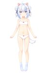  1girl :3 ahoge animal_ears ass_visible_through_thighs bare_arms bare_shoulders black_ribbon blue_eyes blue_hair blue_socks blush bow bow_bra bow_panties bra breasts closed_mouth collarbone commentary_request crescent crescent_hair_ornament double_bun full_body hair_between_eyes hair_bun hair_ornament hair_ribbon highres looking_at_viewer multicolored_hair navel no_shoes original panties ribbon sakuraba_hikaru_(loveindog) simple_background small_breasts socks solo standing star_(symbol) star_hair_ornament streaked_hair tail two_side_up underwear underwear_only white_background white_bra white_panties 