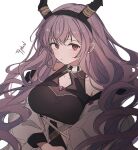  1girl arknights bare_shoulders black_bodysuit black_hairband blush bodysuit breasts character_name cleavage_cutout closed_mouth clothing_cutout collarbone dot_nose fake_horns hair_between_eyes hairband highres horns huge_breasts long_hair long_sleeves looking_at_viewer off_shoulder portrait purple_hair red_eyes seri_(vyrlw) shirt simple_background solo typhon_(arknights) white_background white_shirt 