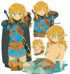  1boy artist_name belt black_cape blue_eyes blue_shirt blush boots cape cold earrings highres jewelry kiirono link looking_at_viewer male_focus multiple_views navel partially_submerged pectorals pointy_ears shirt shorts strap sword the_legend_of_zelda the_legend_of_zelda:_tears_of_the_kingdom topless_male weapon white_background 