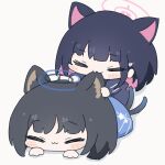  2girls animal_ear_fluff animal_ears animated animated_gif biting black_hair blue_archive blush_stickers cat_ears cat_tail chibi closed_eyes closed_mouth ear_biting ear_wiggle hair_ornament hairclip halo kazusa_(blue_archive) kikyou_(blue_archive) long_sleeves lying medium_hair multicolored_hair multiple_girls multiple_tails on_stomach pink_hair pink_halo tail two-tone_hair two_tails umihio 