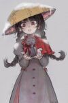  1girl ajirogasa artist_name black_hair braid breath capelet dress english_commentary grey_background grey_dress hands_up hat holding icicle jizou long_earlobes long_hair looking_at_viewer red_capelet red_eyes simple_background sketch smile snow_on_headwear svveetberry touhou translation_request twin_braids yatadera_narumi 