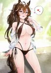  1girl :d absurdres animal_ears aqua_eyes arknights ass_visible_through_thighs bikini black_bikini breasts brown_hair cleavage commission covered_nipples elsi hair_between_eyes heart highres horse_ears long_hair looking_at_viewer meteor_(arknights) mole mole_under_eye navel off_shoulder pixiv_commission see-through smile solo spoken_heart swimsuit variant_set 