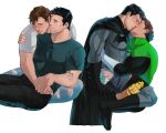  2boys absurdres ass bara batman batman_(series) black_bodysuit black_cape black_gloves black_hair black_male_underwear black_pants black_shirt blue_pants blush bodysuit boots brown_hair bruce_wayne cape closed_eyes couple dc_comics facial_hair gloves green_bodysuit green_lantern green_lantern_(series) grey_bodysuit hal_jordan haljordanmylove highres jewelry kiss large_pectorals looking_at_another male_focus male_underwear male_underwear_pull multiple_boys muscular muscular_male pants pectorals ring shirt short_hair simple_background two-tone_bodysuit underwear white_background white_gloves white_shirt yaoi 