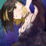  1girl absurdres arm_up black_dress black_eyeshadow black_hair blonde_hair breasts collarbone dress ear_piercing eyes_visible_through_hair eyeshadow green_background hair_over_one_eye hand_on_own_neck highres idolmaster idolmaster_shiny_colors ikaruga_luca jewelry looking_at_viewer makeup multicolored_hair parted_lips pendant piercing purple_background short_hair small_breasts solo streaked_hair two-tone_background two-tone_hair upper_body yellow_eyes yt_(63641217) 