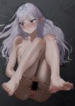  1girl anus ass bar_censor barefoot blunt_bangs blush censored completely_nude feet full_body ghode_(basashi) highres long_hair looking_to_the_side loose_hair_strand lying melty_(shining_hearts) messy_hair nude on_back pointy_ears puckered_lips purple_eyes pussy shining_(series) shining_hearts soles solo spread_pussy sweat thighs toenails toes white_hair 