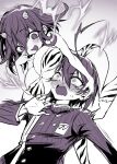  1boy 1girl ahoge blush breasts cleavage cosplay_request d: danganronpa_(series) danganronpa_v3:_killing_harmony flipped_hair genderswap genderswap_(mtf) hair_between_eyes hand_up highres jacket kuchi_~ie large_breasts long_sleeves looking_up oma_kokichi saihara_shuichi small_horns smile striped_clothes striped_jacket sweat 