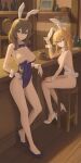  2girls absurdres animal_ears bare_arms bare_shoulders beer_mug bottle brown_hair commentary_request cup fake_animal_ears genshin_impact green_eyes highres indoors jean_(genshin_impact) lisa_(genshin_impact) llami_0 long_hair looking_at_viewer mug multiple_girls rabbit_ears 