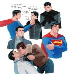  3boys absurdres bara batman batman_(series) black_cape black_gloves black_hair black_shirt blood blood_on_face blue_bodysuit blue_pants bodysuit brown_hair brown_jacket bruce_wayne cape clark_kent closed_eyes closed_mouth collared_shirt crossed_arms dc_comics english_text facial_hair fur-trimmed_jacket fur_trim gloves green_lantern_(series) grey_bodysuit grey_jacket grey_sweater hal_jordan haljordanmylove highres injury jacket kiss large_pectorals male_focus multiple_boys muscular muscular_male necktie necktie_grab neckwear_grab open_clothes open_jacket pants pectorals red_cape shirt short_hair simple_background smile superman superman_(series) sweater teeth white_background white_shirt yaoi 