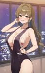  1girl absurdres ahoge bare_arms bare_shoulders black_dress blush breasts brown_eyes brown_hair cleavage commentary_request covered_navel cup dress drinking_glass highres holding holding_cup idolmaster idolmaster_shiny_colors indoors jewelry kuwayama_chiyuki large_breasts long_hair looking_at_viewer necklace open_mouth sideboob sleeveless sleeveless_dress smile solo upper_body wanimaru 