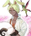  1boy anden_(ff14) dark-skinned_male dark_skin fairy final_fantasy final_fantasy_xiv gg_dal green_eyes green_hair looking_at_viewer male_focus pixie_(ff14) sheep shirt smile solo viera white_shirt 