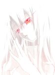  1girl blending close-up colored_skin expressionless fate/stay_night fate_(series) illyasviel_von_einzbern long_hair looking_to_the_side red_eyes ro96cu solo steepled_fingers white_background white_hair white_skin white_theme 