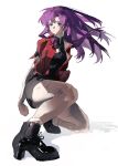  1girl black_footwear boots breasts earrings eliza_804 highres jacket jewelry katsuragi_misato legs light neon_genesis_evangelion purple_eyes purple_hair red_jacket shadow simple_background solo white_background 